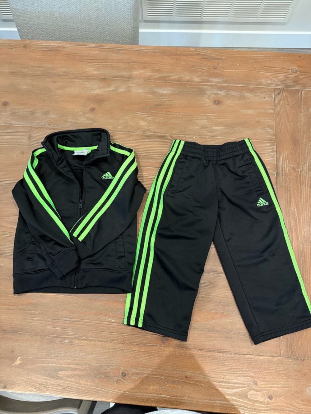 Adidas Black Track Jacket and Pants with Neon Green Stripes Boys Size 3
